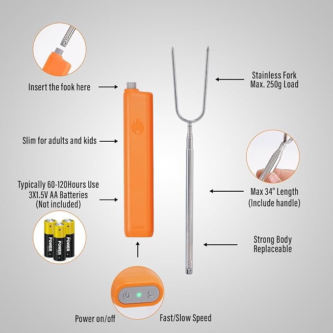 derYEP Electric Roasting Stick, Automatic Rotate BBQ Fork For Fire Pit, Chicken Wings Hotdogs Kebabs S'mores Roaster, Outdoor Camping Kit, Rotisserie Skewer, 34" 1 PACK (Orange)