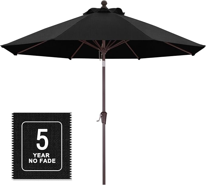 MASTERCANOPY 9ft Olefin 5-Year-Non-Fading Patio Umbrella Black | UV/Water/Fade-Resistant Canopy, Vented Top, 8 Fiberglass Ribs – Ideal For Deck, Yard, Market