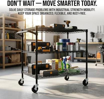 Finnhomy 3 Tier Heavy Duty Commercial Grade Utility Cart, Wire Rolling Metal Trolley with Handle Bar, Steel Kitchen Service Cart with Wheels, Food Storage Trolley on Wheels, NSF Listed, Black