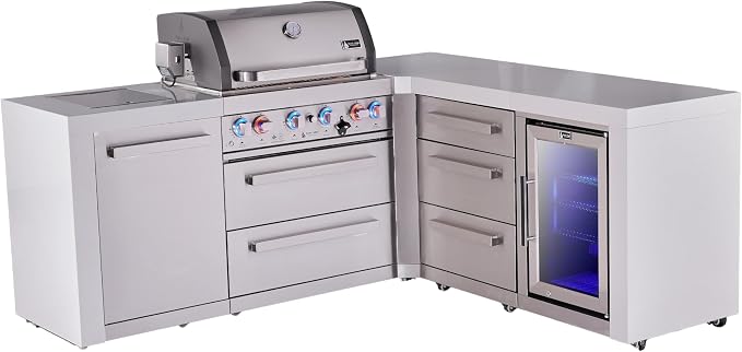 Mont Alpi Premium 4-Burner 82"x75" L-shaped 400 Deluxe Stainless Steel Island Modular Outdoor Kitchen Island BBQ Gas Grill + Infrared Side & Rear Burners + Refrigerator + Storage Drawers & Cabinets