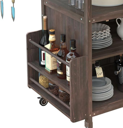Outdoor Grill Cart with Stainless Steel Top, Solid Wood Outdoor Storage Cabinet with Drop Leaf, One Drawer, Towel Rack, Rolling Kitchen Cart with Lockable Wheels for Lawn Garden (Brown@072)