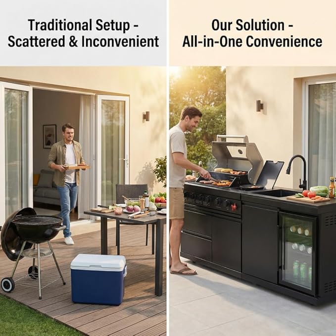 Deluxe 84 inch × 23 inch 6 Burner 75300 BTU Outdoor BBQ Grill Island with Stainless Steel Sink, Wine Cooler, Refrigerator & Granite Countertops,Propane or Natural Gas