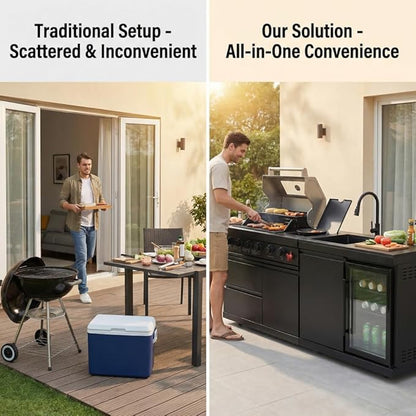 Deluxe 84 inch × 23 inch 6 Burner 75300 BTU Outdoor BBQ Grill Island with Stainless Steel Sink, Wine Cooler, Refrigerator & Granite Countertops,Propane or Natural Gas