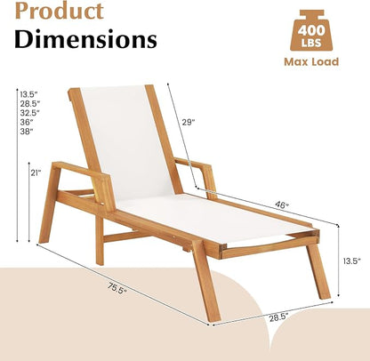 Tangkula Wood Chaise Lounge Chair Outdoor, Patio Sun Lounger with Adjustable Back, Acacia Wood Lounge Chair with Breathable Fabric for Poolside Lawn Backyard