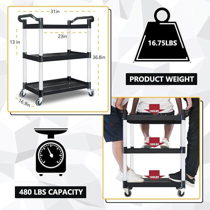 Plastic Utility Carts with Wheels, Heavy Duty 510lbs Capacity Rolling Service Cart, 3-Tier Restaurant Food Cart with Hammer for Office, Warehouse, Garage (2 Lockable Wheels, Black)