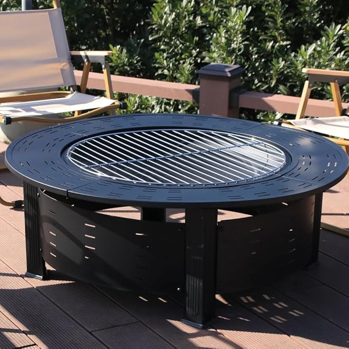 4-in-1 Outdoor Dining Table, Portable Round Stove, Heavy-Duty Round Barbecue Stove with Spark Cover and Log Poker & PVC Cover, Table Smokeless Charcoal Rack, Cooking Tea, Full Set of Heating Brazier