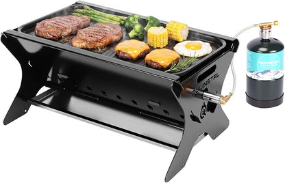 3-in-1 Portable Camping Grill, Foldable Charcoal Wood Gas BBQ & Fire Pit with Pull-Out Removable Griddle Plate & Carry Bag, for Backpacking Tailgating Patio Outdoor Cooking