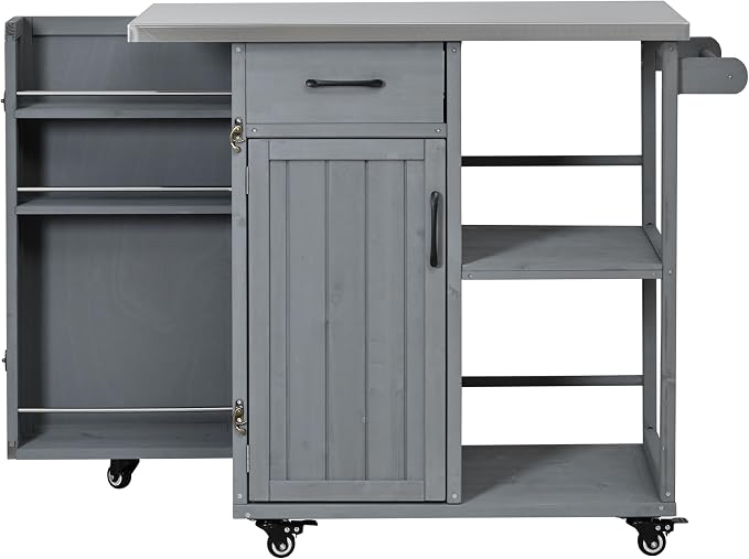 JIVOIT Outdoor Kitchen Island with Stainless Steel Worktop, Fir Wood Prep Station Lockable Kitchen Cart with Ample Storage Space, Towel and Spice Racks for Patio and Outdoor (Grey/122)