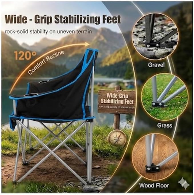 EMERIT Oversized Fully Padded Camping Chair, Heavy Duty 650LB Folding Camping Loveseat, Quad Fold Double Camping Couch with Cup Holders & Carry Bag for Outdoor, Lawn, Sports Events Blue