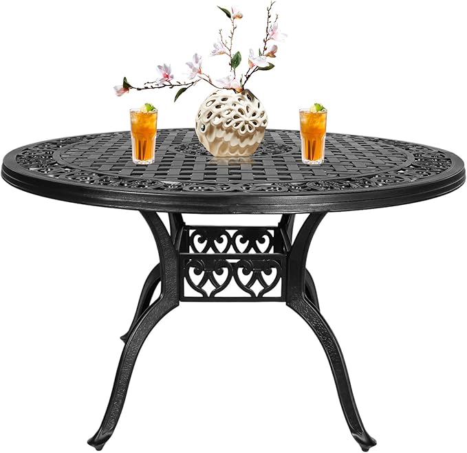 48.23" Patio Dinning Table, All-Weather Cast Aluminum Table with 2.36" Umbrella Hole, Patio Furniture, Outdoor Dining Table for Backyard and Poolside