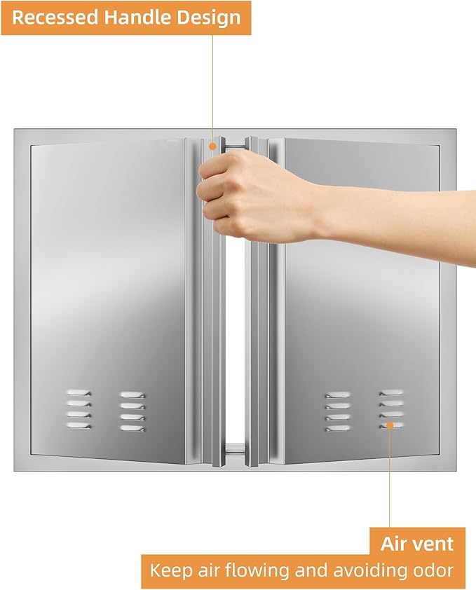 26W x 24H Inch Outdoor Kitchen Doors, 304 Stainless Steel BBQ Access Door with Recessed Handle & Ventsfor for BBQ Island, Grilling Station, Outside Cabinet, Silver