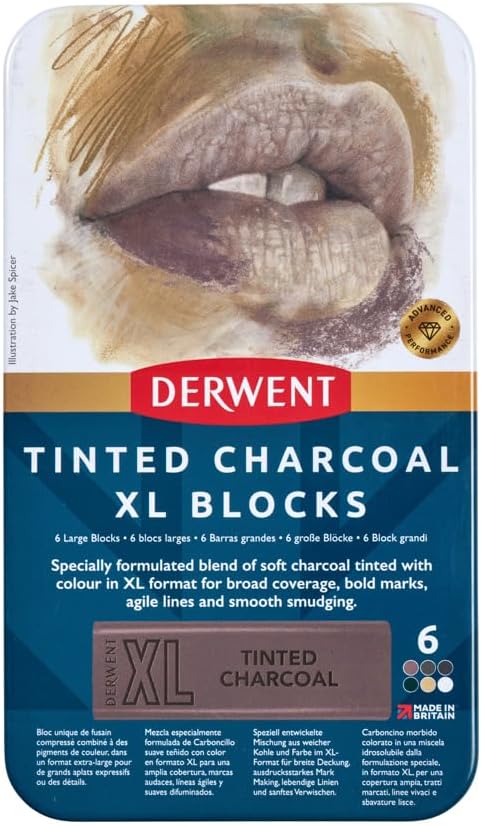 Derwent Tinted Charcoal XL Blocks 6 Tin, Set of 6, 60mm Extra-Large Block, Naturally Water-soluble, Ideal for Sketching, Drawing and Expressive Mark Making, Professional Quality (2306177)