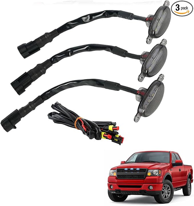 Blue LED Grille Light Kit, Compatible with Ford F-150 Raptor Style Grille 2004-2019 (Aftermarket), LED Bumper Hood Lights, 3PCS (Smoked Cover/Blue LED Lights)