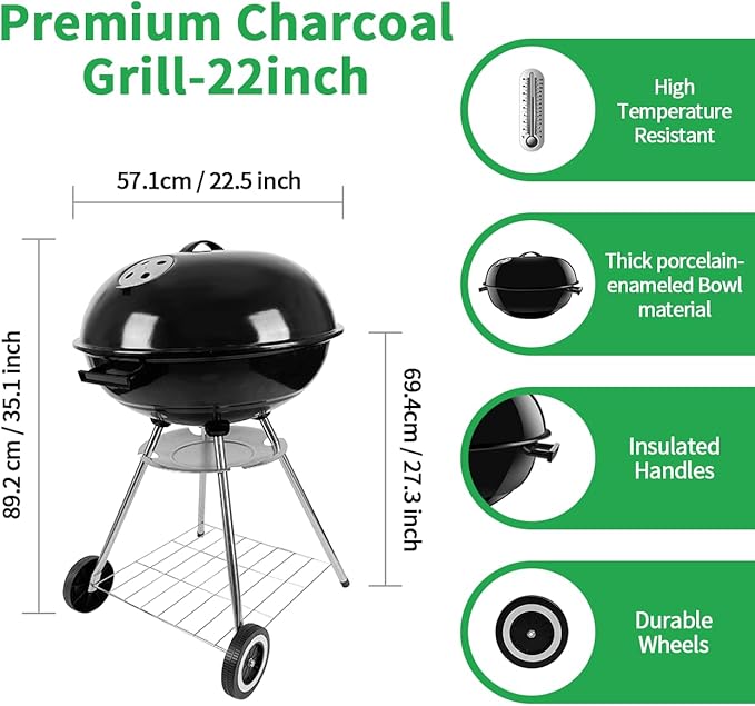 Charcoal Grill, 22 Inch Outdoor Enamel Apple Shape Portable Camping Grill Barbecue Charcoal Bbg Kettle Grill