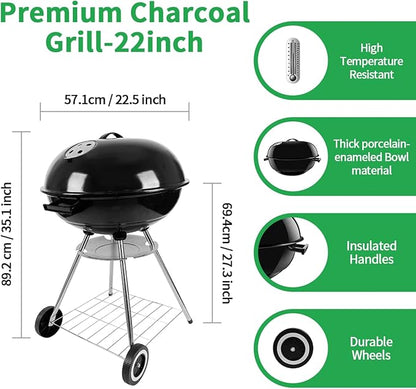 Charcoal Grill, 22 Inch Outdoor Enamel Apple Shape Portable Camping Grill Barbecue Charcoal Bbg Kettle Grill