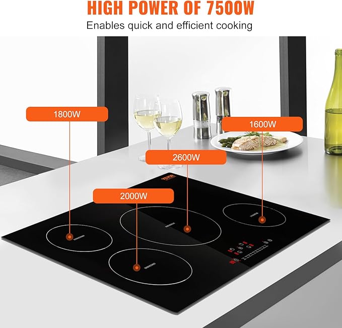 VEVOR Electric Cooktop, 4 Burners, 30'' Induction Stove Top, Built-in Magnetic Cooktop 7500W, 9 Heating Level Multifunctional Burner, LED Touch Screen w/Child Lock & Over-Temperature Protection