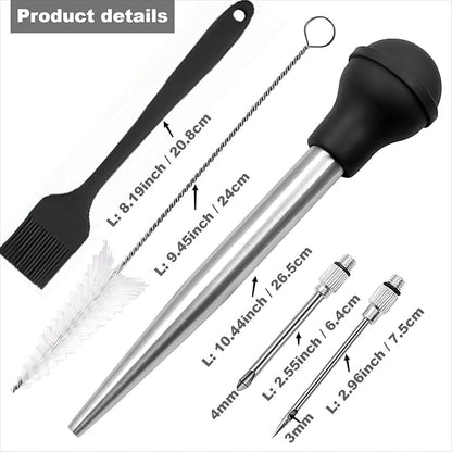 Turkey Bsater, Stainless Steel Turkey Baster Silicone Bulb with 2 Marinade Injector Needles and 2 Brush for Cooking Easy Clean and Dishwasher Safe Color Black