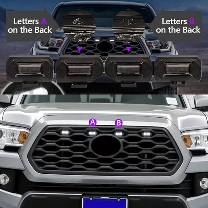 Upgraded Grill LED Lights 4PCS for Toyota Tacoma 2020 2021 2022 2023 TRD Off Road and TRD Sport OEM Grill, Aftermarket Replacement Warning LED Lights with Fuse (White Light/Smoked Lens)