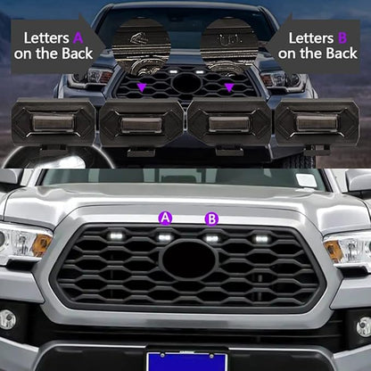 Upgraded Grill LED Lights 4PCS for Toyota Tacoma 2020 2021 2022 2023 TRD Off Road and TRD Sport OEM Grill, Aftermarket Replacement Warning LED Lights with Fuse (White Light/Smoked Lens)