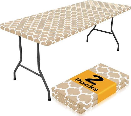 Smiry 2 Pack Rectangle Table Cloth 8 Foot, Waterproof Elastic Fitted Tablecloths, Windproof Washable Polyester Table Cover for Picnic, Camping, Outdoor (Khaki, 30"x96")