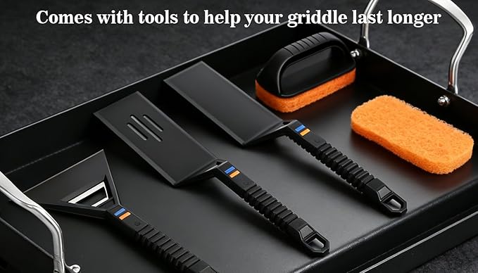 QuliMetal 17" x 13" Cast Iron Grill Griddle Kit, Pre-Seasoned Flat Top Griddle Plate with Scratch-Safe Tools, Universal Outdoor Griddle for Gas and Charcoal Grills, Camping, BBQ and Tailgating