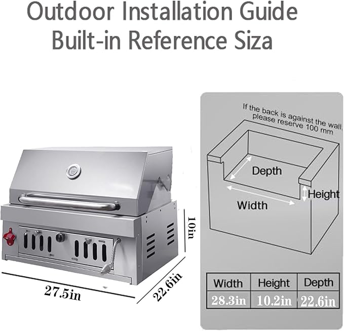 Built-In Charcoal Grill, Charcoal BBQ Grills with Liftable Tray, Insulated Hood & Temperature Gauge, Heavy-Duty 304 Stainless Steel Barbecue Grill for Outdoor Kitchen, Camping