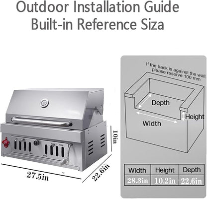 Built-In Charcoal Grill, Charcoal BBQ Grills with Liftable Tray, Insulated Hood & Temperature Gauge, Heavy-Duty 304 Stainless Steel Barbecue Grill for Outdoor Kitchen, Camping