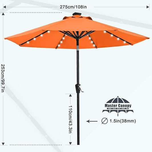 MASTERCANOPY 9FT 8Ribs Patio Umbrella with 32 Solar LED Lights, Outdoor Market Umbrella with Tilt & Crank, UV Protection & Fade Resistant Fabric, Easy Set-Up for Garden, Deck, Pool (Orange)