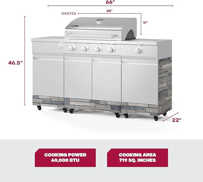 Tytus Fresno 5-Burner Propane or Natural Gas Island Grill – 864 sq. in. Cooking, 48,000 BTU Main + 12,000 BTU Side Burner, Porcelain Grates, Storage Cabinets, Semi-Portable - SS/Shadow Starter Kit