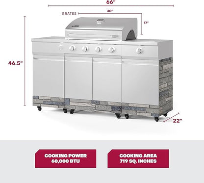 Tytus Fresno 5-Burner Propane or Natural Gas Island Grill – 864 sq. in. Cooking, 48,000 BTU Main + 12,000 BTU Side Burner, Porcelain Grates, Storage Cabinets, Semi-Portable - SS/Shadow Starter Kit