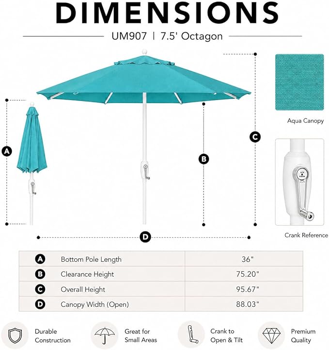 Treasure Garden 7.5ft Patio Umbrella – Outdoor Market Umbrella – Push Button Tilt – White Aluminum Frame (O’bravia, Aqua)