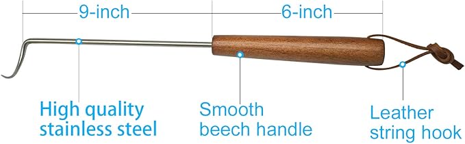 15 Inches Food Flipper - Stainless Steel BBQ Meat Turner Hook with Wooden Handle for Grilling & Smoking (2 Pack Right-Handed)