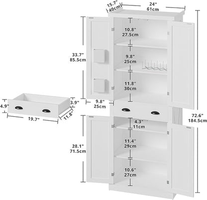 IRONCK Kitchen Pantry Storage Cabinet 72.6" H x 24" W, with Barn Doors, Drawer, 4 Adjustable Shelves, Freestanding Cupboard, Laundry, White