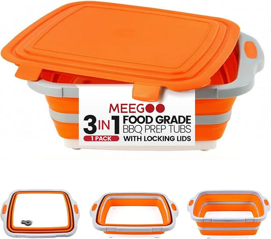 BBQ Prep Tub,8L Collapsible Cutting Board with Locking Lid for RV, Orange | Outdoor Food Prep Bin, Stable Carry Handles, Quick-Rinse Surface, For Campsites, Cookouts, Road Trips, Family BBQ Nights