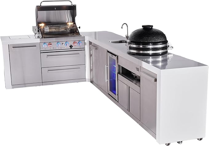 Mont Alpi Premium 4-Burner 82"x146" L-Shaped Deluxe Stainless Steel Modular Outdoor Kitchen Island BBQ Gas Grill + Beverage Center Faucet & Sink + Refrigerator + Kamado + Storage Drawers and Cabinets
