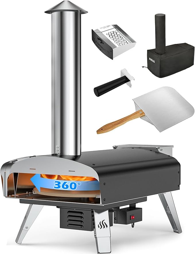Mimiuo Auto-Rotating Wood Pellet Pizza Oven Outdoor 40Lbs, 60S Bake w/Stone | Heavy Duty, Fast Baking, Complete Baking Tool (Automatic Spinning System, Stone, Peel & Cover), Easy Operation