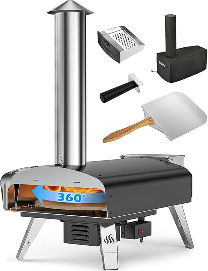 Mimiuo Auto-Rotating Wood Pellet Pizza Oven Outdoor 40Lbs, 60S Bake w/Stone | Heavy Duty, Fast Baking, Complete Baking Tool (Automatic Spinning System, Stone, Peel & Cover), Easy Operation