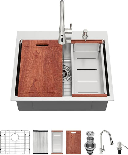 Drop In Kitchen Sink with Faucet Combo 25x22 Drop In 16 Gauge Stainlee Steel Single Bowl Workstation Kitchen Sinks Large Deep Round Corner Handmade Overmount Topmount Sink Basin