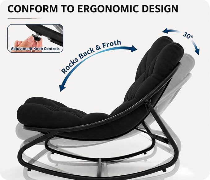 Garvee Papasan Rocking Chair, Thick Cushion, 450 lb Frame, Dark Gray | Gentle rocking motion and a roomy curved seat create a calm reading retreat for patios, balconies, bedrooms or living rooms.