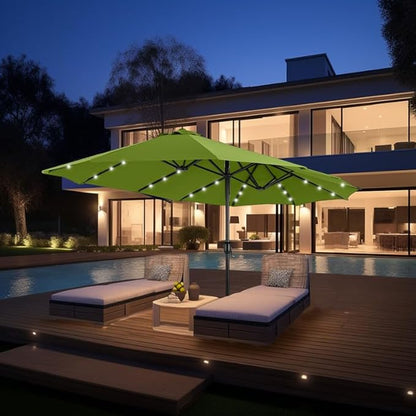 GREEN PARTY 15 ft Large Outdoor Patio Umbrella with Solar Led Lights & Base Included, Double-Sided Rectangular Table Umbrella with Stand, Market Umbrellas for Deck Poolside Garden Backyard, Lime Green