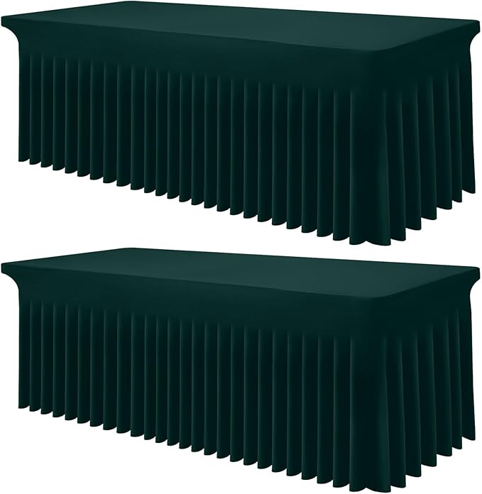 Smiry 2 Pack Spandex Elastic Fitted Table Cloth Skirt for 8FT Table | Stretch Washable Table Cloth, Banquet Table Cover for Wedding, Party, Indoor & Trade Shows, (Hunter Green, 96Lx30Wx30H)