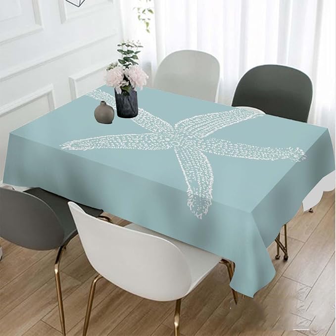 TKS MITLAN White Starfish Tablecloth 60x84 Inch Rectangular Ocean Wildlife Sketch Granular Tube Feet Tentacle Sea Cyan Oblong Table Cloth Kitchen Table Decorations for Home Dinner Party