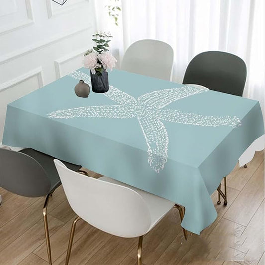TKS MITLAN White Starfish Tablecloth 60x84 Inch Rectangular Ocean Wildlife Sketch Granular Tube Feet Tentacle Sea Cyan Oblong Table Cloth Kitchen Table Decorations for Home Dinner Party