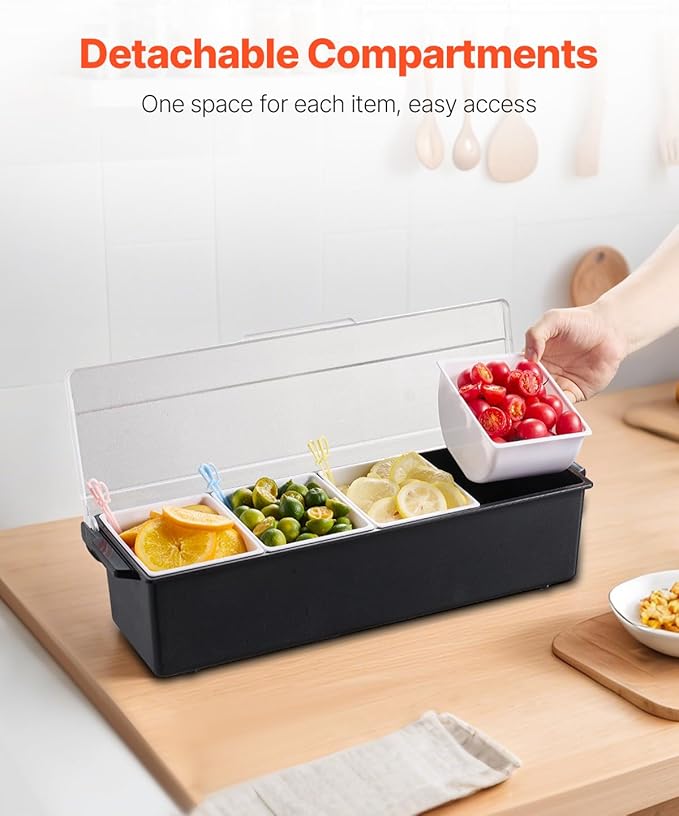 VEVOR Chilled Condiment Server, 4 Compartment Ice Cooled Condiment Serving Container, Chilled Garnish Tray Bar Caddy with Lid, for Bartending & Serving Taco, Salad, Fruit, Home & Restaurant Supplies