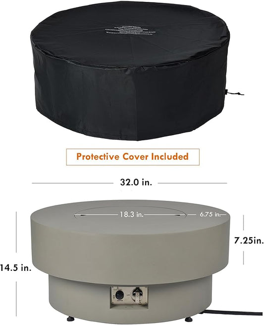 Propane Outdoor Fire Pit Table, Flint & Concrete Look 32-inch Round Patio Propane Fire Table 50,000 BTU w/Lid, Glass Rocks, Cover, Pre-Attached 10ft Hose
