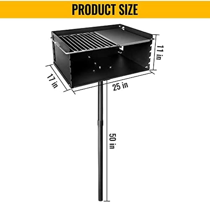 Park Style Charcoal Grill With Grate, Single Post Carbon Steel 50 Inch Height Pole, Heavy Duty Outdoor Park Grill For BBQ, Camping, Backyard,25x17 Inch With Plate