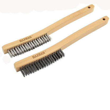 MAXMAN Wire Brush, Heavy Duty Carbon Steel and Stainless Steel Wire Brushes for Cleaning Rust, Grill, Paint Removal, Welding, Stiff Bristle Metal Brush with 14" Long Beech Wood Handle, Large, 2Pcs | Long Beech Wood Handle, Heavy Duty Wire Brushes for C...