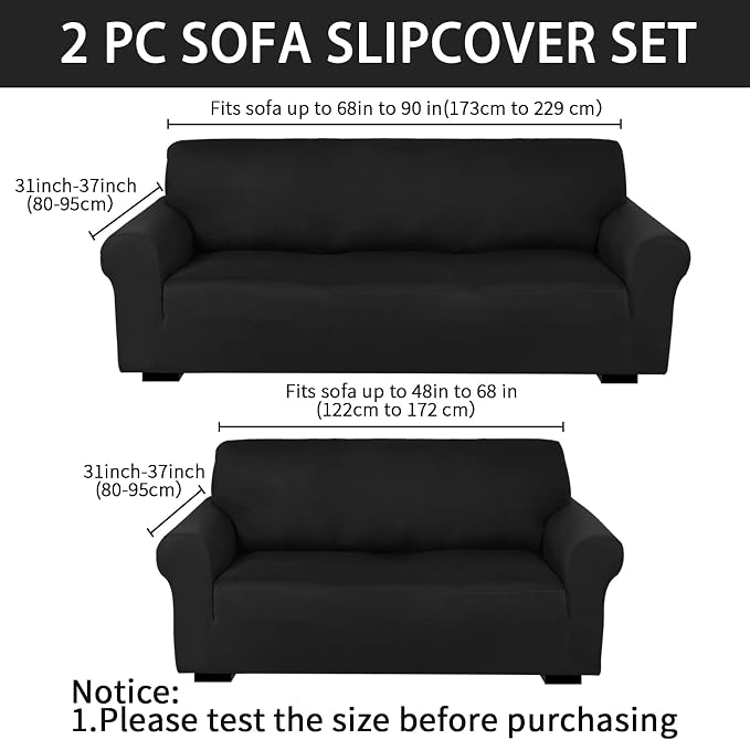 Peryiter 2 Pcs Couch and Loveseat Sofa Covers,Black,Milk Silk | Armchair Covers for Living Room, Sofa Cushion Slipcover 2/3 Seater, Furniture Protector, Polyester and Spandex, Washable