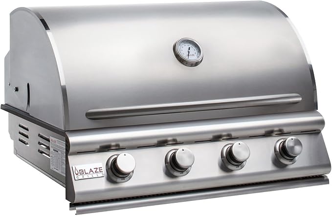 Blaze Prelude LBM Built-In Propane Gas Grill | 32-Inch 4-Burner BBQ with 56,000 BTUs | 304 Stainless Steel Construction | Flame Stabilizing Grids | BLZ-4LBM-LP