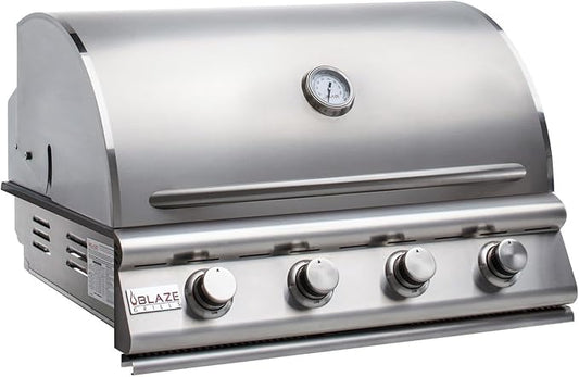 Blaze Prelude LBM Built-In Propane Gas Grill | 32-Inch 4-Burner BBQ with 56,000 BTUs | 304 Stainless Steel Construction | Flame Stabilizing Grids | BLZ-4LBM-LP